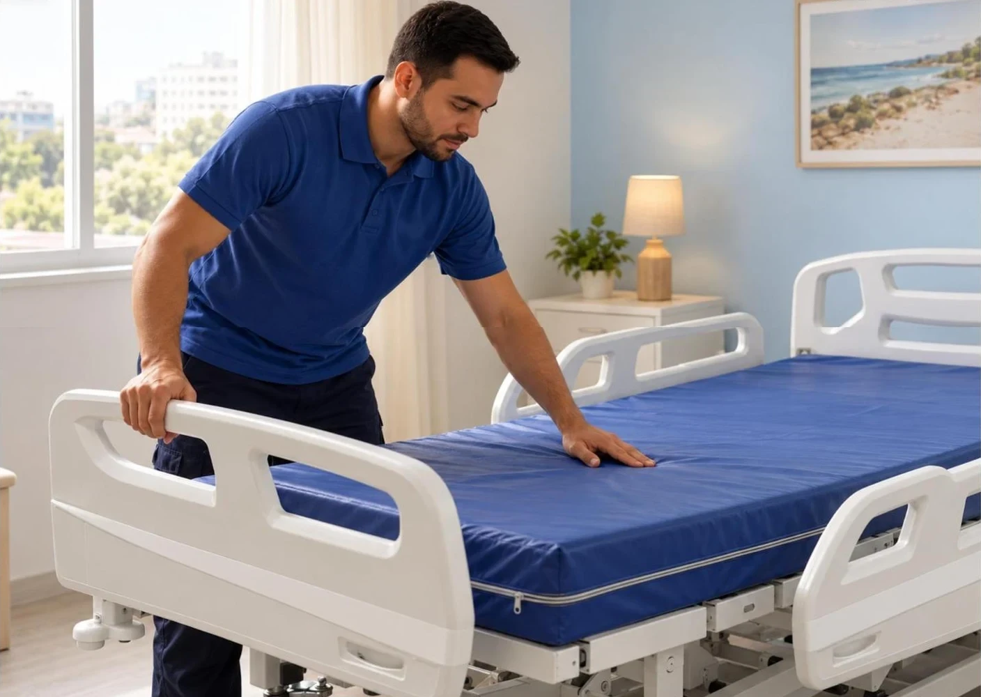 Técnico da Rental Care ajustando uma cama hospitalar no quarto de um apartamento