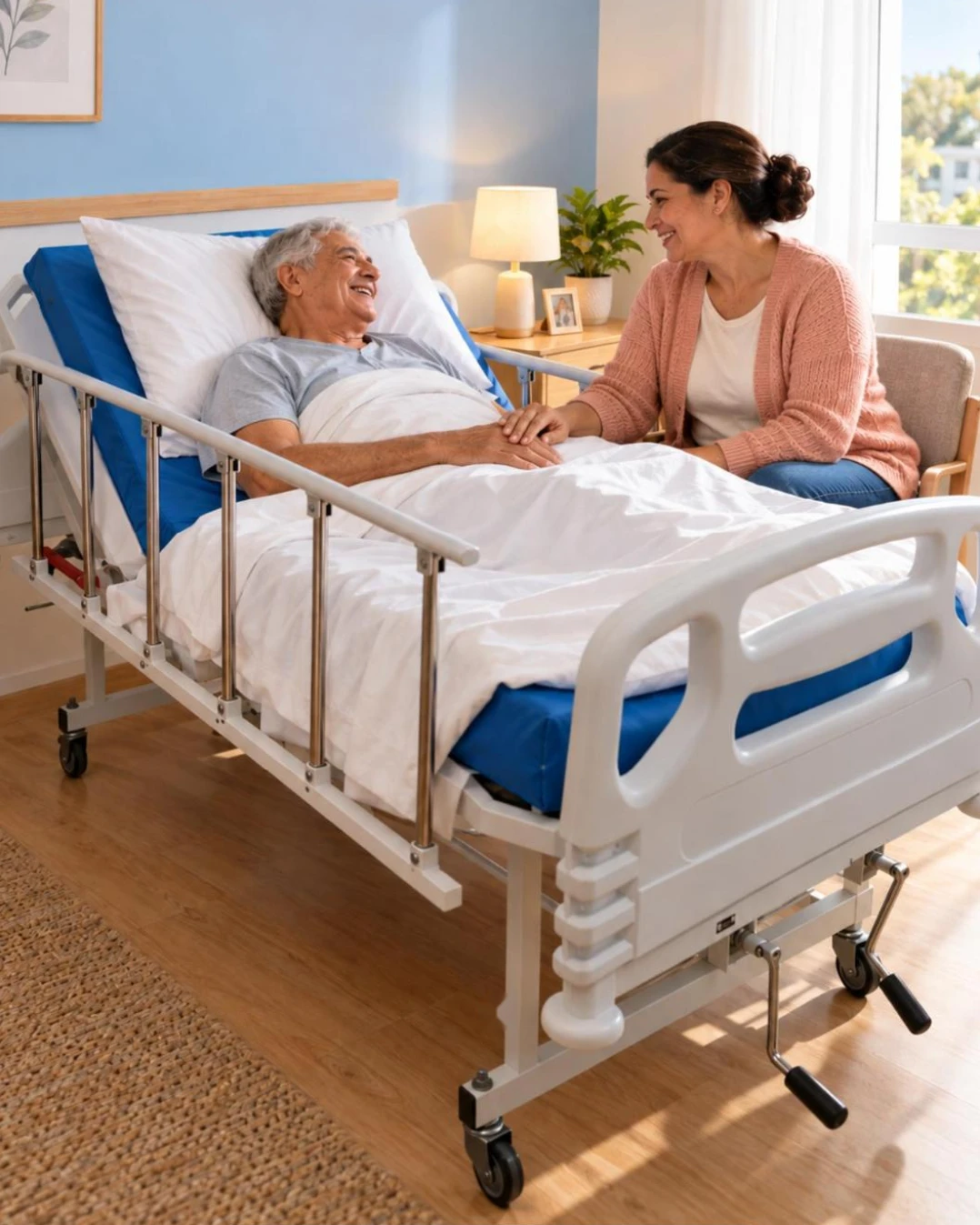 Mulher sorrindo ao lado de um senhor idoso feliz em uma cama hospitalar manual da Rental Care